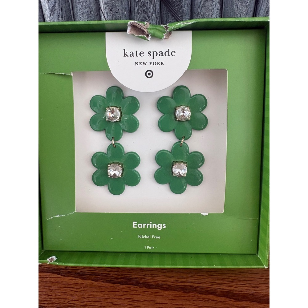 Kate Spade New York x Target Green Flower Drop Earrings Crystal Floral NIB - Picture 2 of 5